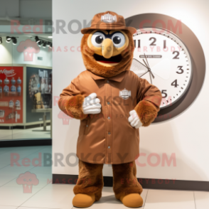 Brown Wrist Watch mascot costume character dressed with a Coat and Caps