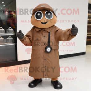 Brown Wrist Watch mascot costume character dressed with a Coat and Caps