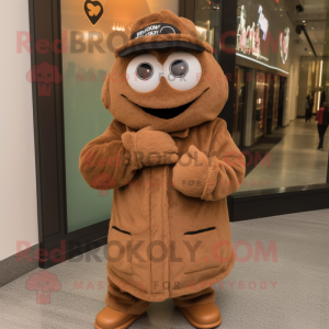 Brown Wrist Watch mascot costume character dressed with a Coat and Caps