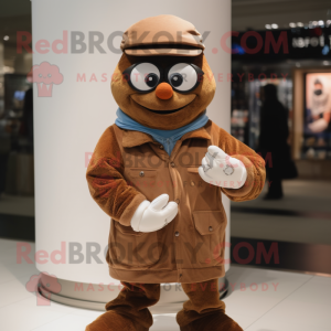 Brown Wrist Watch mascot costume character dressed with a Coat and Caps