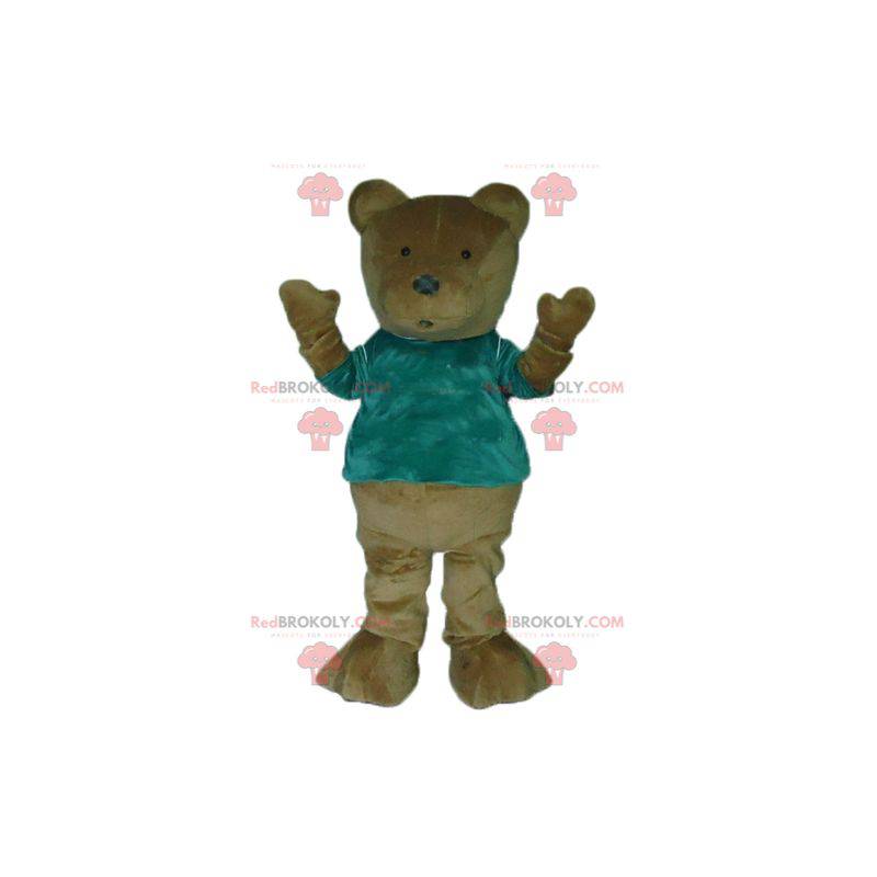 Mascotte d'ours en peluche marron avec un t-shirt vert -