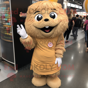 Tan Pad Thai mascot costume character dressed with a Mini Dress and Mittens