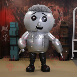 Silver Human Cannon Ball mascot costume character dressed with a Leather Jacket and Ties