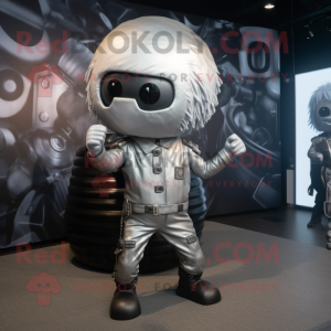 Silver Human Cannon Ball mascot costume character dressed with a Leather Jacket and Ties