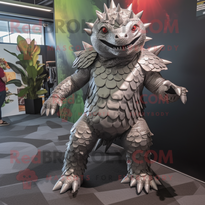 Silver Ankylosaurus mascot costume character dressed with a Playsuit and Foot pads Silver Ankylosaurus mascot costume character dressed with a Playsuit and Foot pads