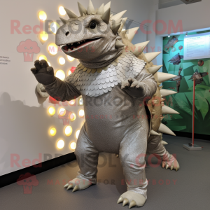 Silver Ankylosaurus mascot costume character dressed with a Playsuit and Foot pads