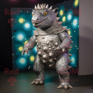 Silver Ankylosaurus mascot costume character dressed with a Playsuit and Foot pads