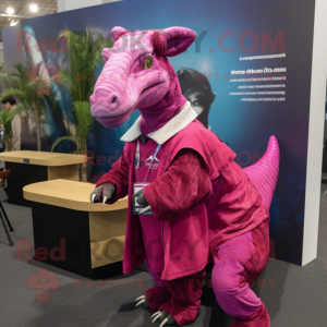 Magenta Parasaurolophus mascot costume character dressed with a Vest and Hair clips