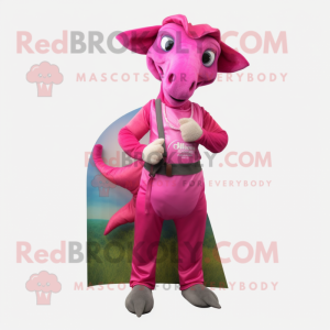Magenta Parasaurolophus mascot costume character dressed with a Vest and Hair clips