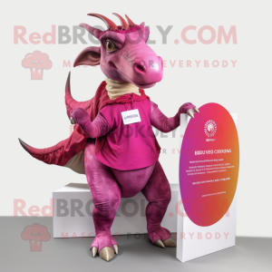 Magenta Parasaurolophus mascot costume character dressed with a Vest and Hair clips