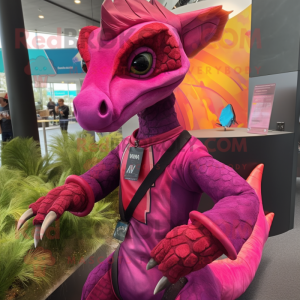 Magenta Parasaurolophus mascot costume character dressed with a Vest and Hair clips