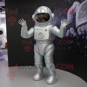 Silver Astronaut mascot costume character dressed with a A-Line Skirt and Mittens