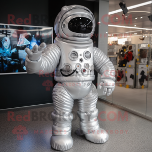 Silver Astronaut mascot costume character dressed with a A-Line Skirt and Mittens