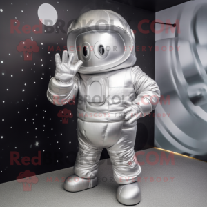 Silver Astronaut mascot costume character dressed with a A-Line Skirt and Mittens