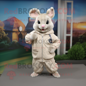 Beige Chinchilla mascot costume character dressed with a Windbreaker and Rings