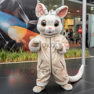 Beige Chinchilla mascot costume character dressed with a Windbreaker and Rings