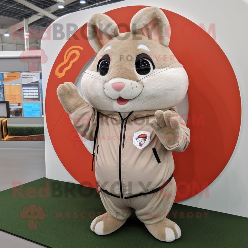 Beige Chinchilla mascot costume character dressed with a Windbreaker and Rings Beige Chinchilla mascot costume character dressed with a Windbreaker and Rings