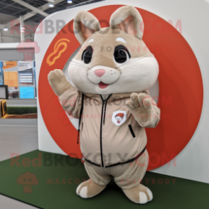 Beige Chinchilla mascot costume character dressed with a Windbreaker and Rings