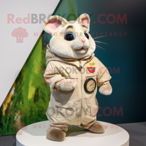 Beige Chinchilla mascot costume character dressed with a Windbreaker and Rings