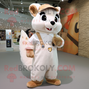 Cream Squirrel mascot costume character dressed with a Overalls and Shoe laces