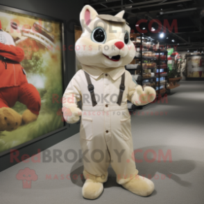 Cream Squirrel mascot costume character dressed with a Overalls and Shoe laces