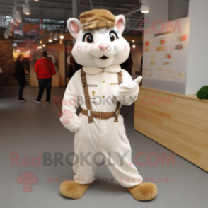 Cream Squirrel mascot costume character dressed with a Overalls and Shoe laces