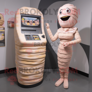 Peach Mummy mascot costume character dressed with a Pencil Skirt and Digital watches