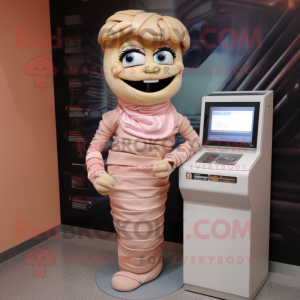 Peach Mummy mascot costume character dressed with a Pencil Skirt and Digital watches