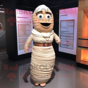 Peach Mummy mascot costume character dressed with a Pencil Skirt and Digital watches