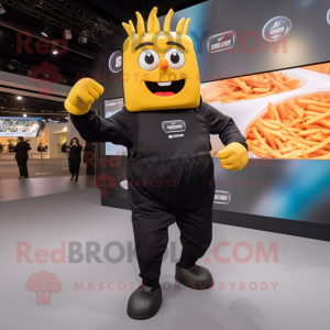 Black French Fries mascot costume character dressed with a Jumpsuit and Smartwatches