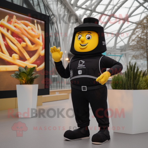Black French Fries mascot costume character dressed with a Jumpsuit and Smartwatches