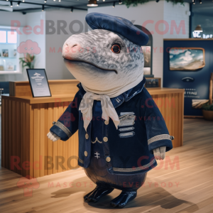 Navy Humpback Whale mascot costume character dressed with a Cardigan and Brooches