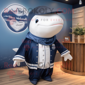 Navy Humpback Whale mascot costume character dressed with a Cardigan and Brooches