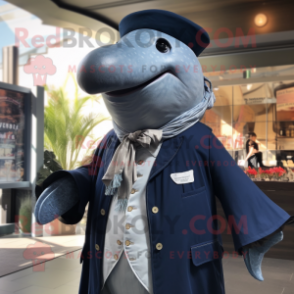 Navy Humpback Whale mascot costume character dressed with a Cardigan and Brooches