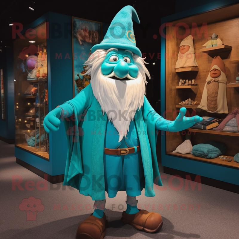 Turquoise Wizard mascot costume character dressed with a Henley Tee and Shoe clips