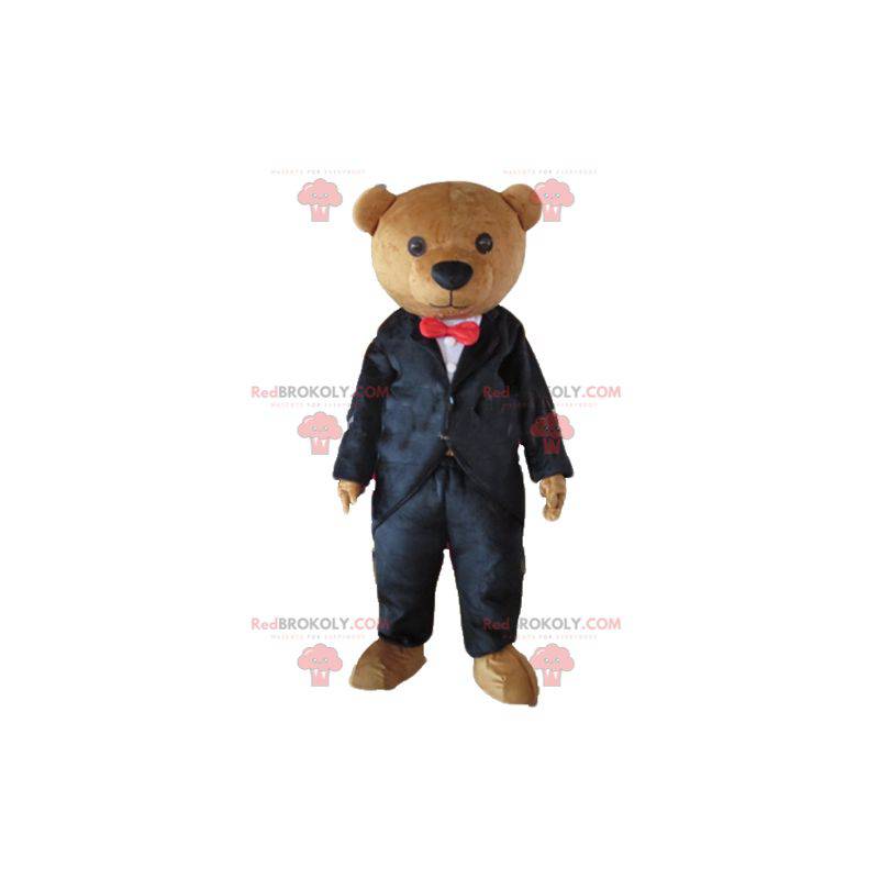 Mascota oso de peluche marrón vestida con un traje negro -