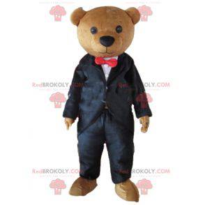 Mascotte d'ours en peluche marron habillé d'un costume noir -
