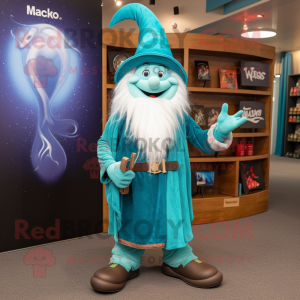 Turquoise Wizard mascot costume character dressed with a Henley Tee and Shoe clips