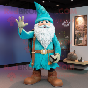 Turquoise Wizard mascot costume character dressed with a Henley Tee and Shoe clips