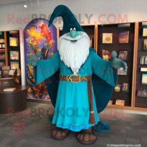 Turquoise Wizard mascot costume character dressed with a Henley Tee and Shoe clips