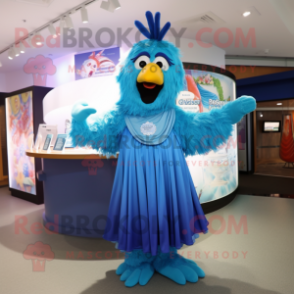 Blue Chicken Parmesan mascot costume character dressed with a Maxi Skirt and Earrings