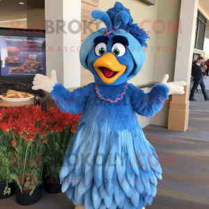 Blue Chicken Parmesan mascot costume character dressed with a Maxi Skirt and Earrings