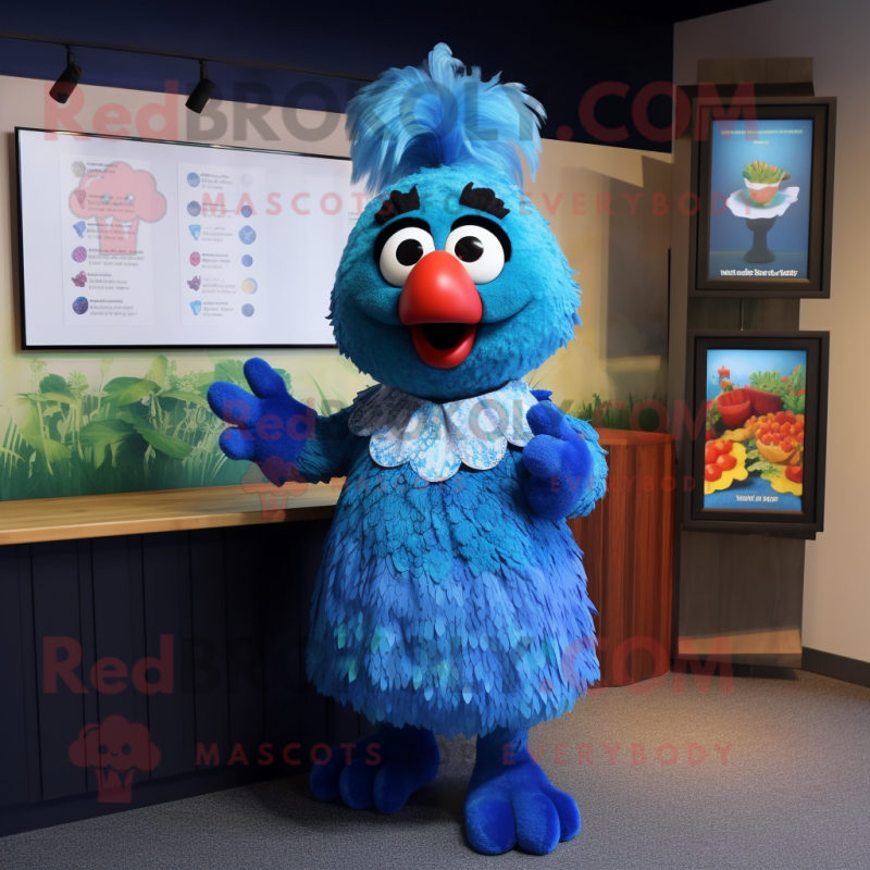 Blue Chicken Parmesan mascot costume character dressed with a Maxi Skirt and Earrings