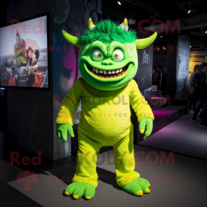 Lime Green Demon mascot costume character dressed with a Romper and Headbands