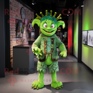 Lime Green Demon mascot costume character dressed with a Romper and Headbands