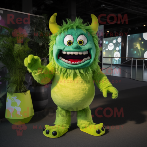 Lime Green Demon mascot costume character dressed with a Romper and Headbands