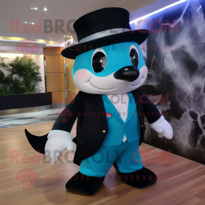 Cyan Killer Whale mascot costume character dressed with a Blazer and Caps