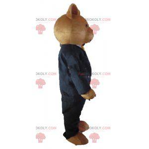 Brown teddy bear mascot dressed in a black costume -