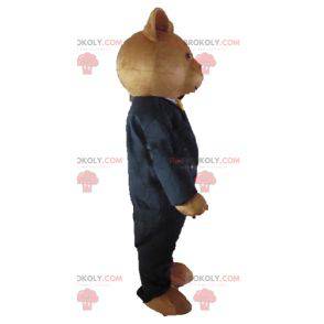 Brown mascotte orsacchiotto vestito con un costume nero -