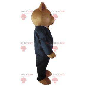 Brown teddy bear mascot dressed in a black costume -